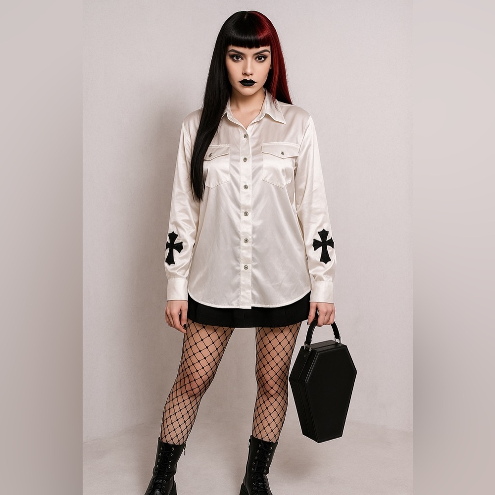 DIEXIER White Satin Button Down Blouse Long Sleeve Collared Velvet Iron Cross M